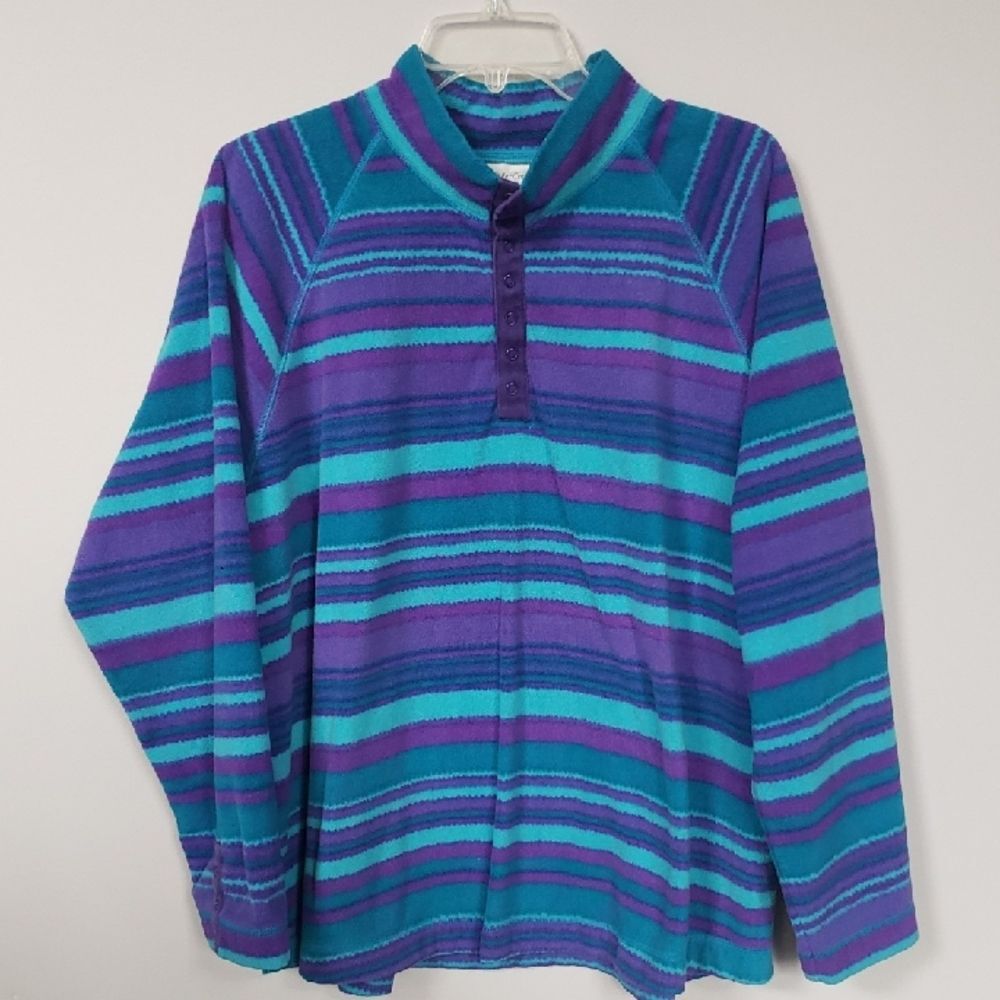 Coldwater Creek Top Teal & Purple Striped Fleece Pullover Womens 2X Snap Henley